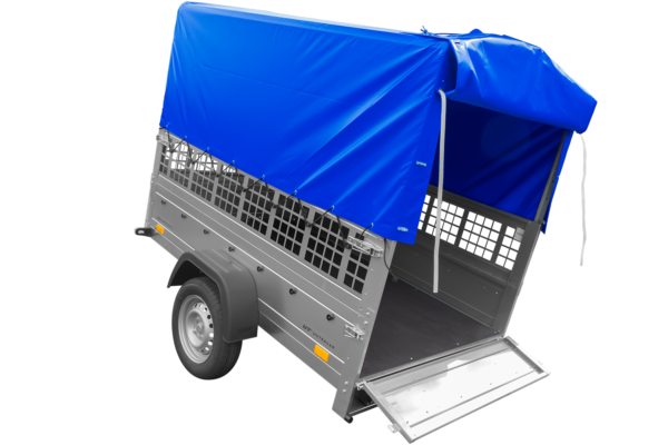 Remorque neuve à vendre Garden Trailer 201 KIPP 500 kg 200x125 cm [avec bâche haute bleue, arceau, ridelles grillagées et roue jockey] – Image 3