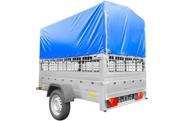 Remorque neuve à vendre Garden Trailer 201 KIPP 500 kg 200x125 cm [avec bâche haute bleue, arceau, ridelles grillagées et roue jockey] – Image 2